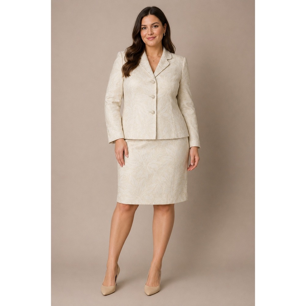 VTG Nipon Boutique 2pc Ivory Metallic Linen Blend Jacquard Skirt Suit 16 Office